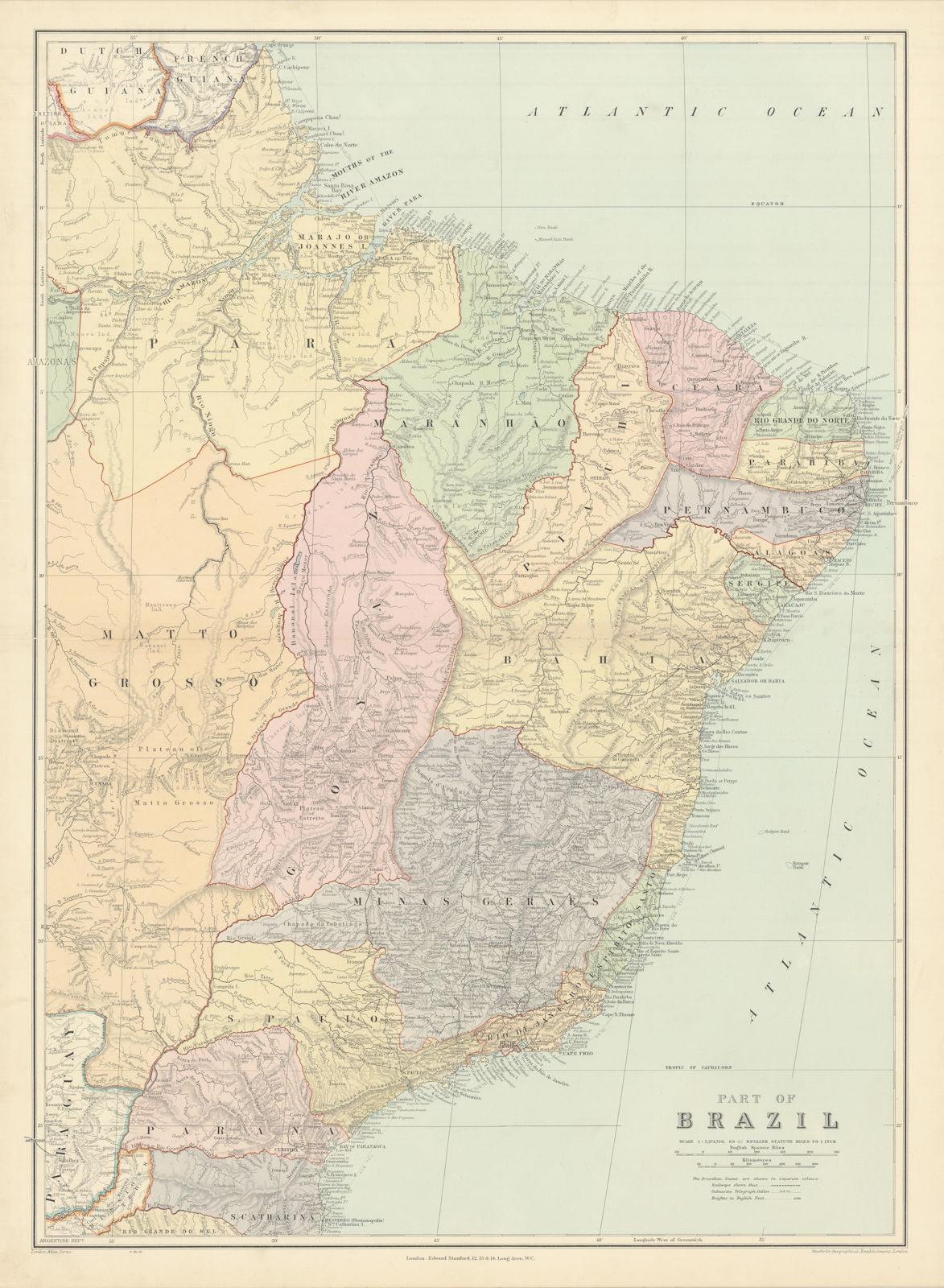 Brazil - eastern part. States. Large. 74x54cm. STANFORD 1904 old antique map